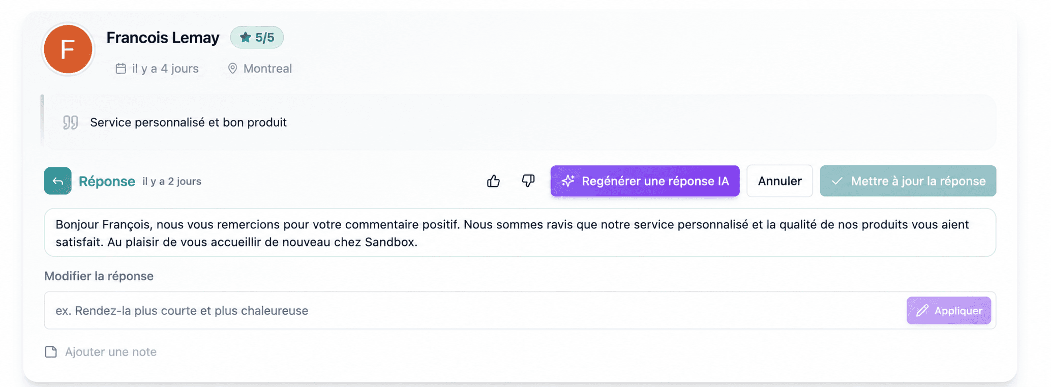 Génération d'une réponse IA à un avis Google dans InputKit