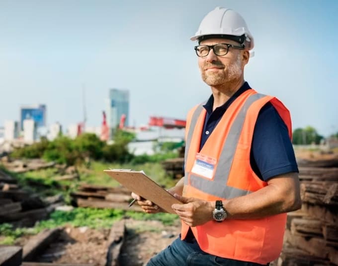 Residential services technician wearing a hard hat and safety vest