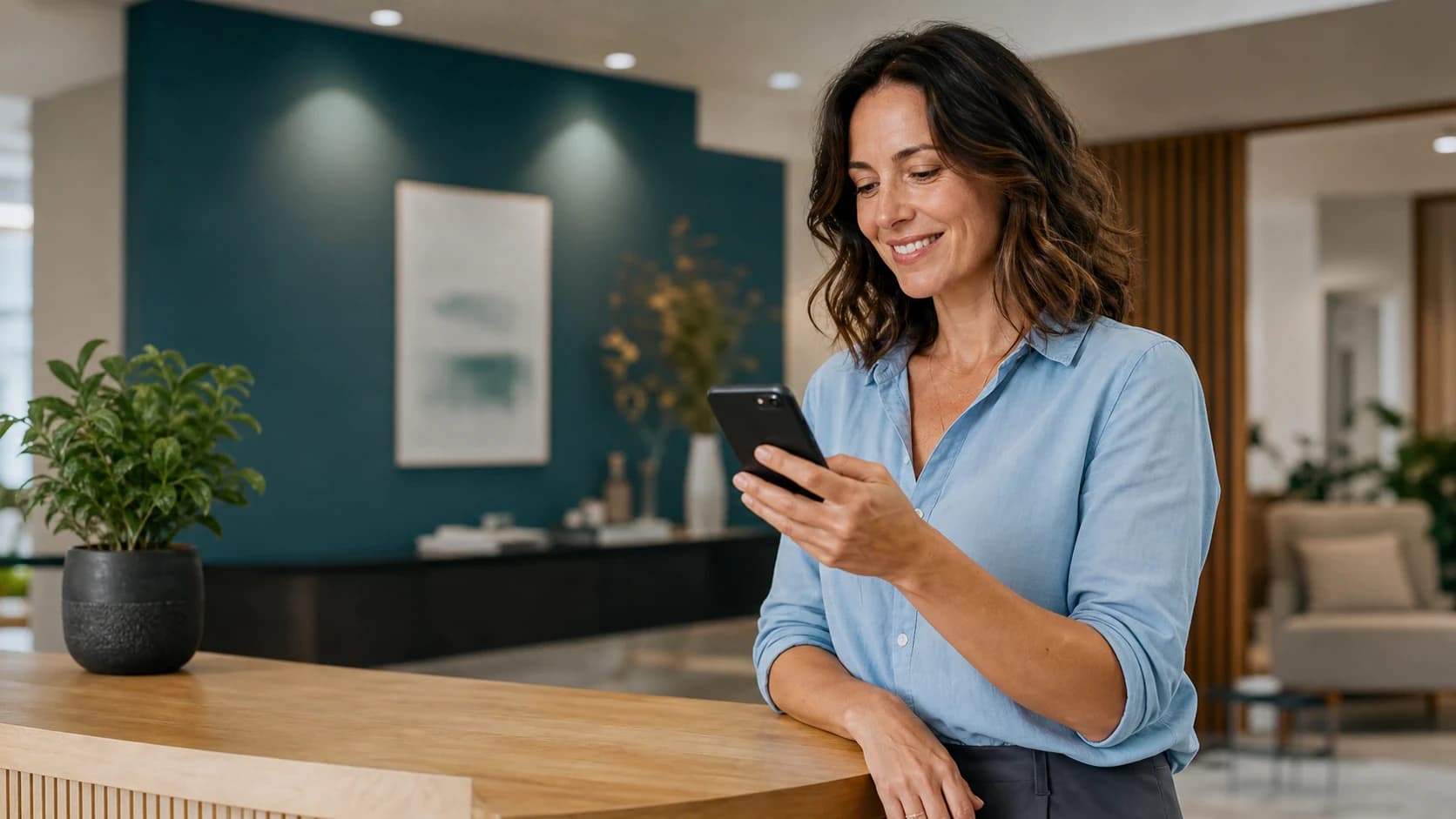 Business owner smiling while reading a positive Google review on a phone