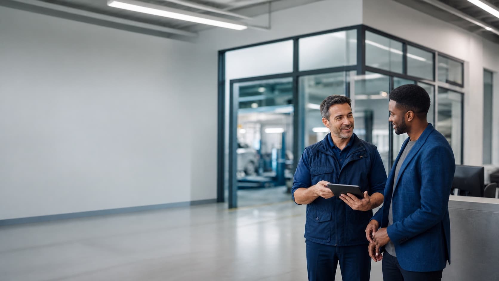 Un conseiller au service accueille un client dans un atelier automobile