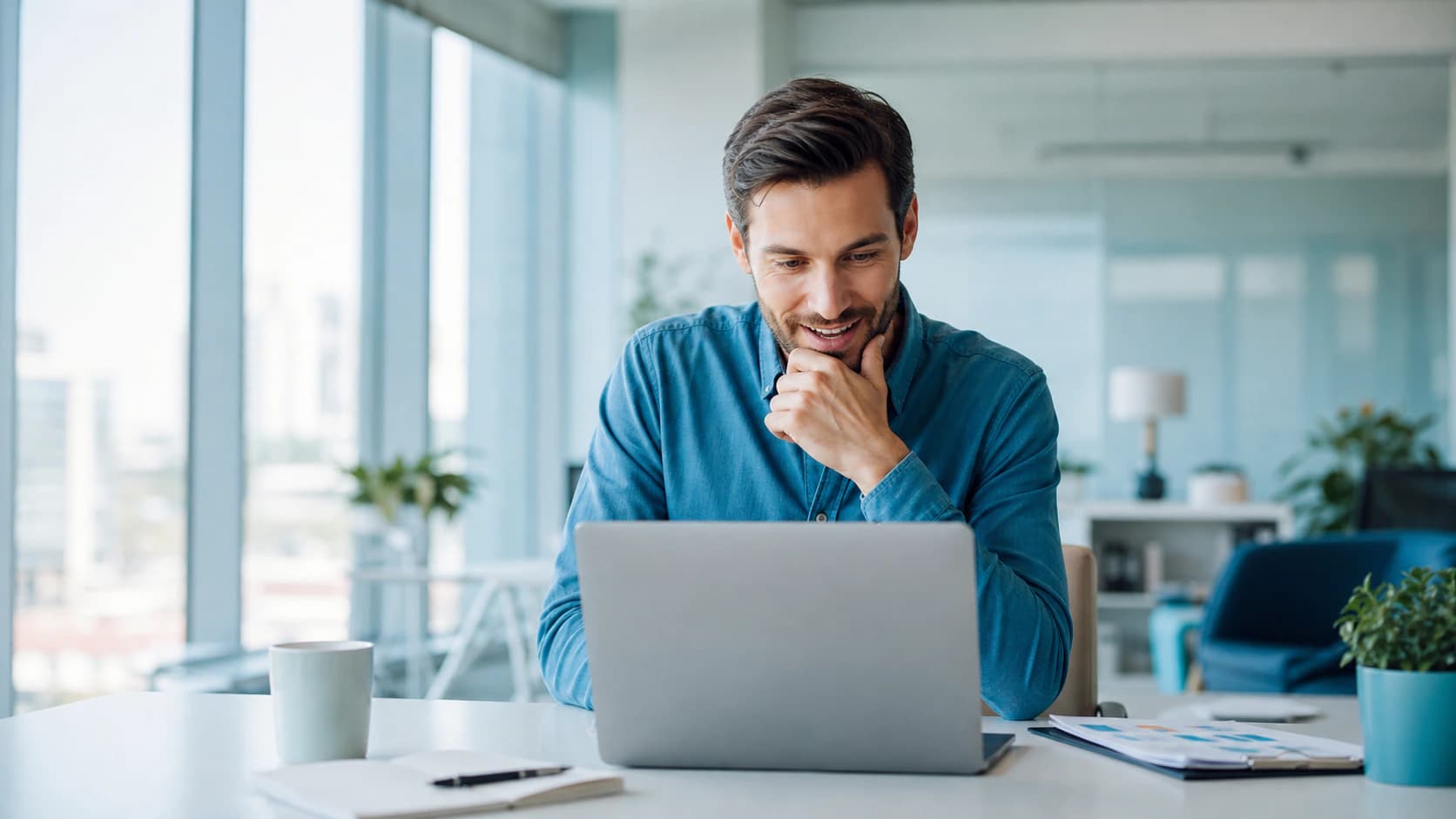Manager reviewing customer feedback on a laptop