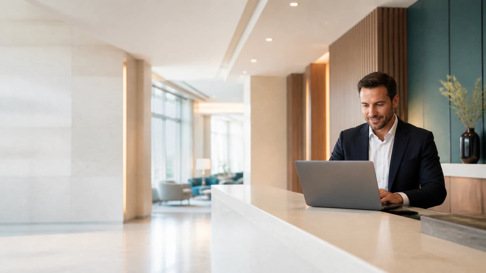 Un employé à la réception d'un hôtel travaille sur son ordinateur portable