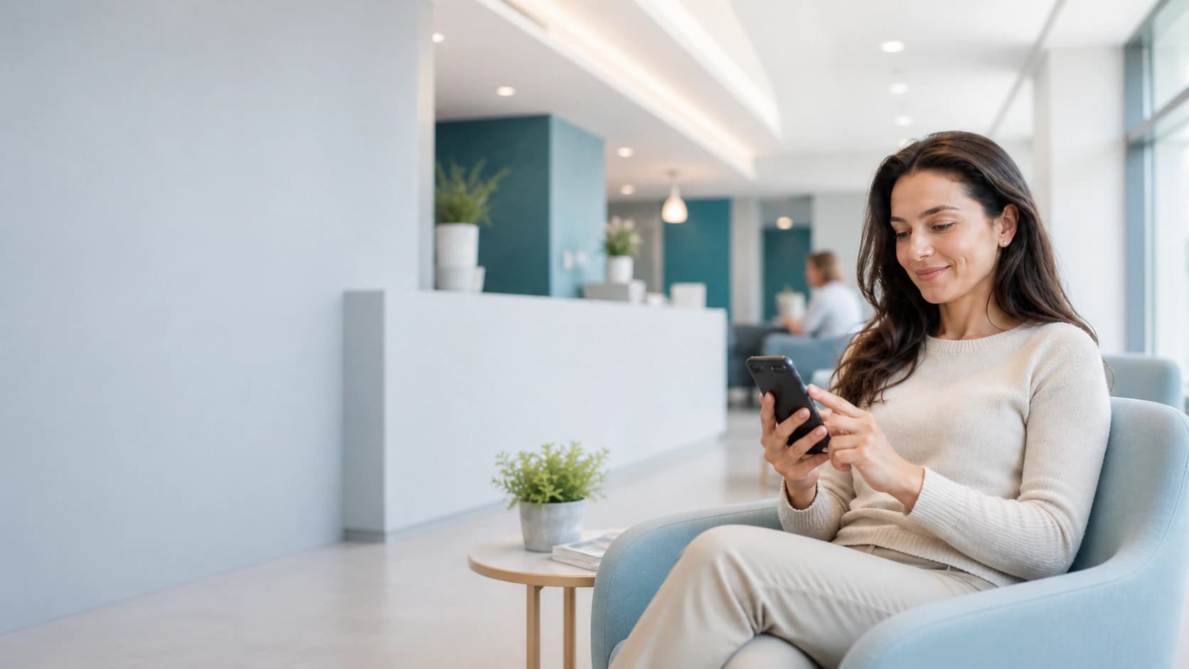 A customer answering a satisfaction survey on her phone in a waiting room