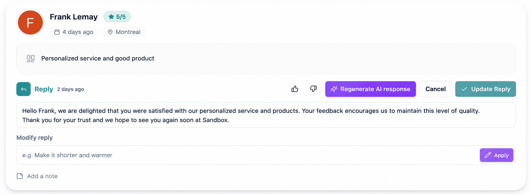 Generating an AI reply to a Google review inside InputKit