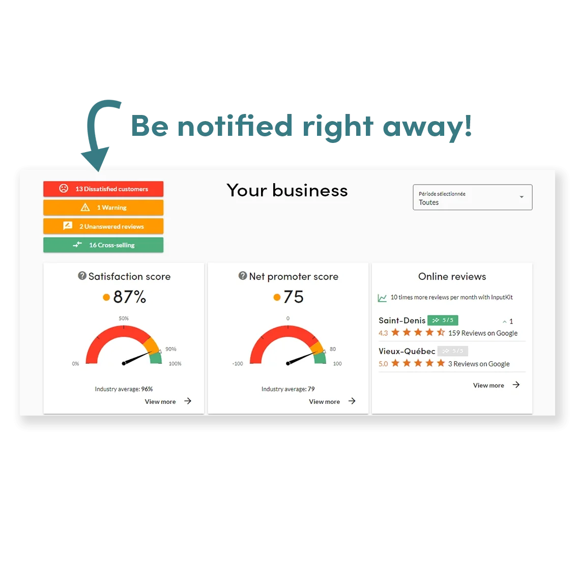 Preview of the InputKit dashboard showing satisfaction level, NPS, and online reviews for a service business