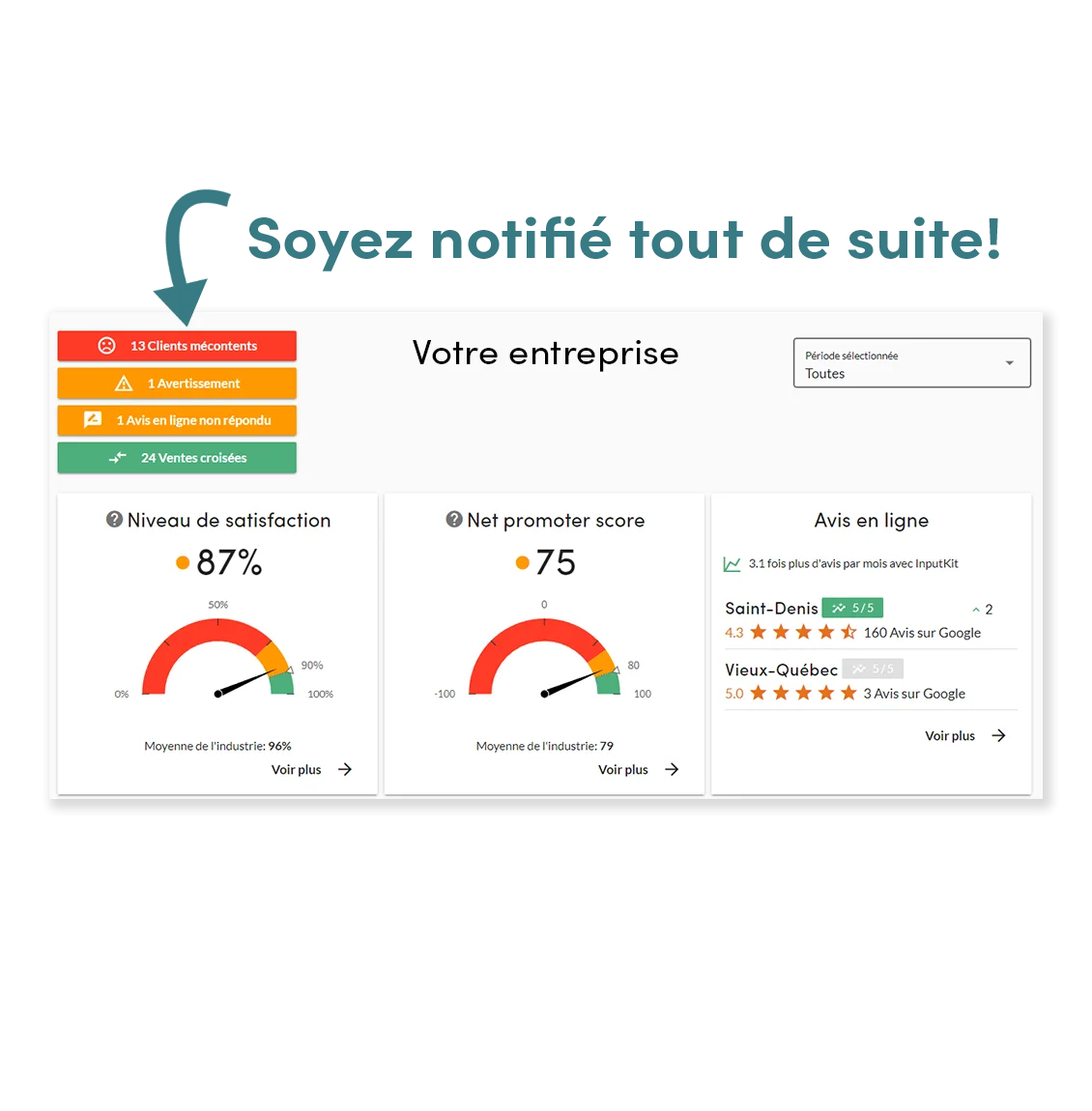 Preview of the InputKit dashboard showing satisfaction level, NPS, and online reviews
